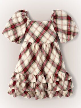 NEW Gymboree Cream Plaid Ruffle Dress Size 6 Puff Sleeves 100 Cotton